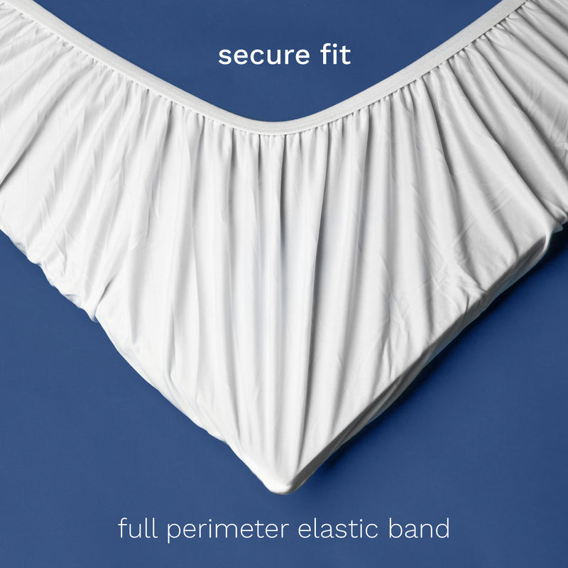 Secure fit, with the full perimeter elastic band. Top down view of the corner of the elastic band that secures the mattress pad to the mattress.