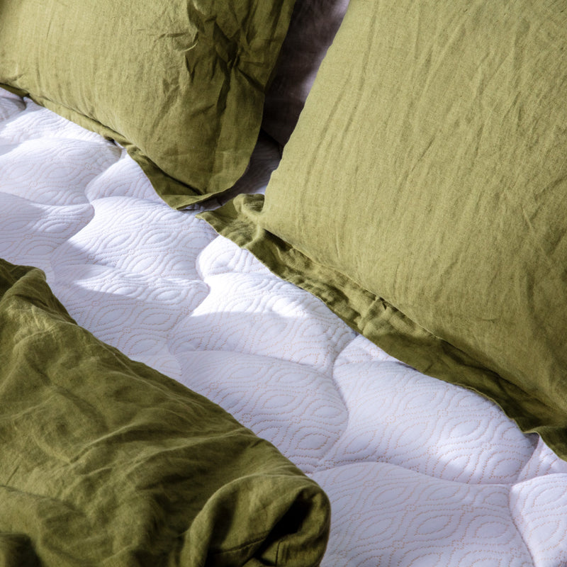 Close up view of a white pillow top mattress pad with copper stitching with green bedding on top of it.
