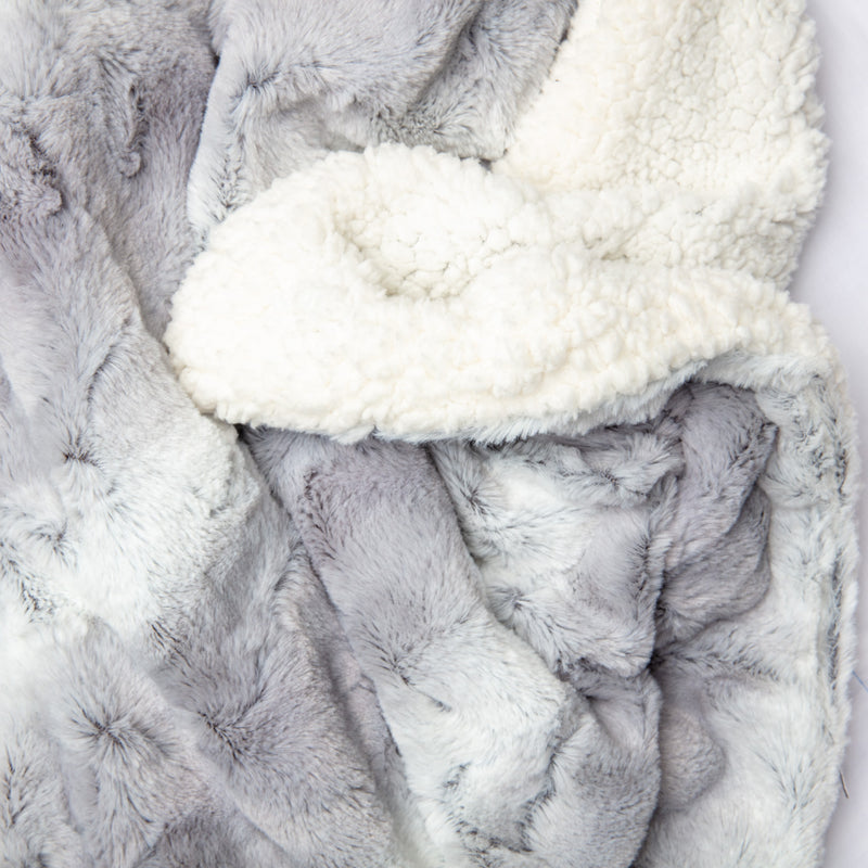 Reversible design. Double sided comfort with soft light grey faux fur & fluffy sherpa.