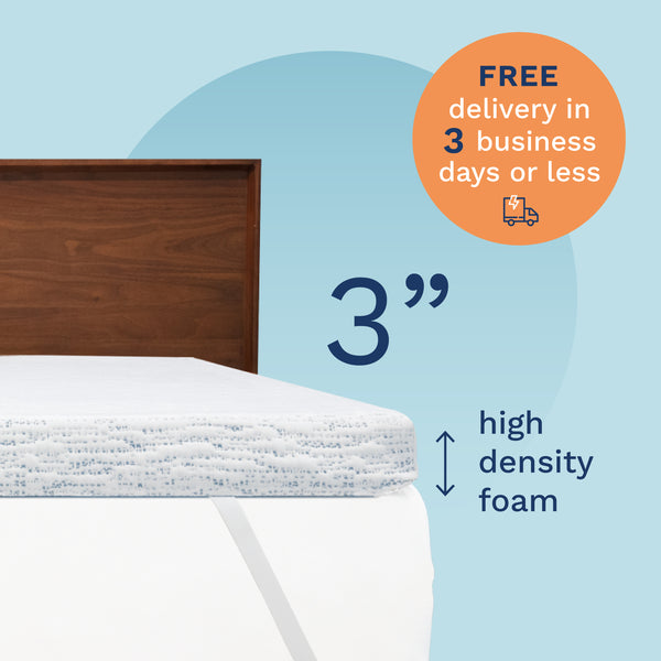 FREE delivery in 3 business days or less. 3" High Density Foam. Photo of a 3" thick white & blue mattress topper secured to a bed with adjustable straps. (No Script)