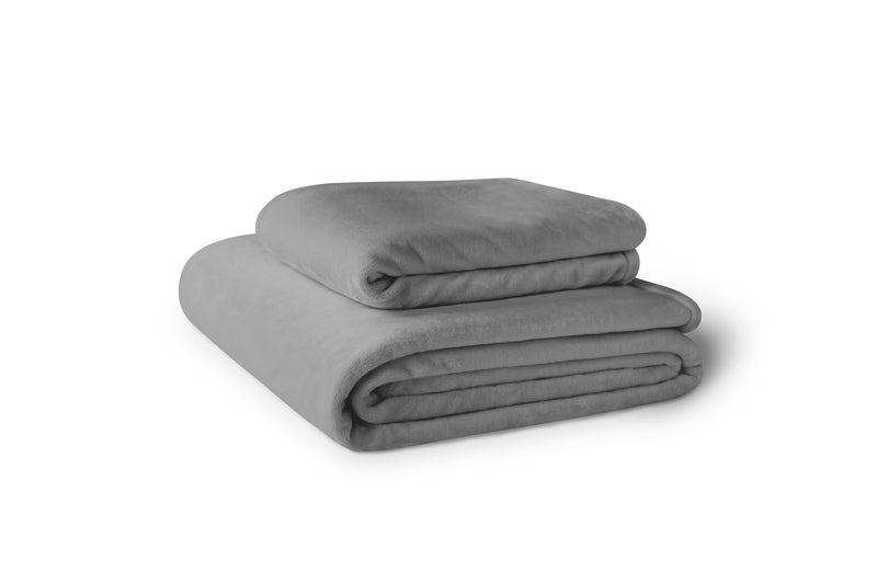Stack of two gray fleece blankets.  Blankets are available in 4 sizes.