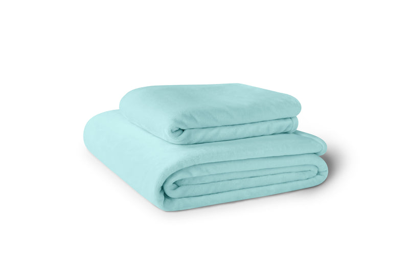 Stack of two aqua fleece blankets.  Blankets are available in 4 sizes.